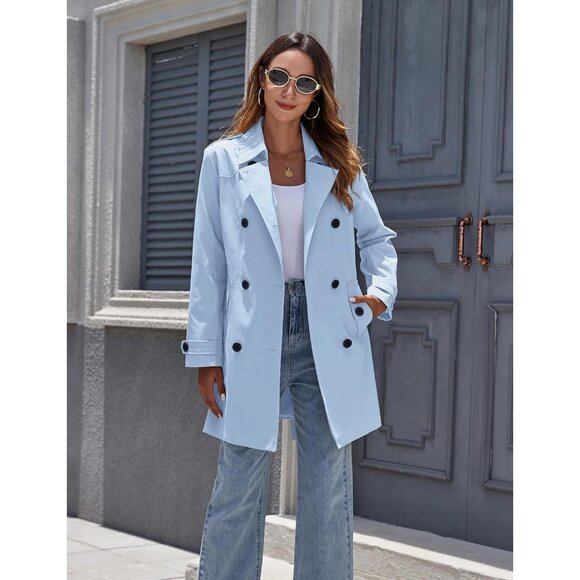 Women's Light Blue Waterproof Trench Coat with Classic Lapel and Belted Design - Picture 3 of 6